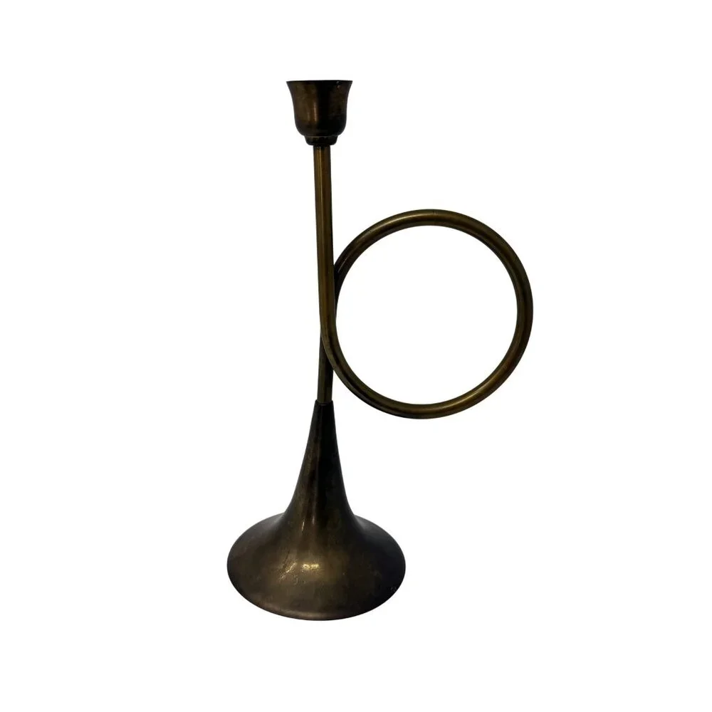 Vintage Brass‎ French Horn Taper Candle Holder Sculptural Mid Century Decor